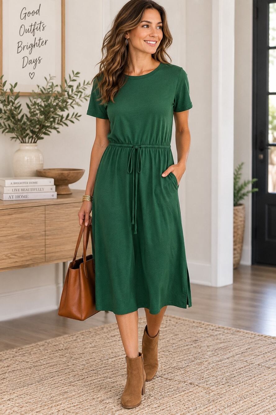Simier Fariry M Hunter Green 100% Cotton Tie Waist T-Shirt Dress Pockets